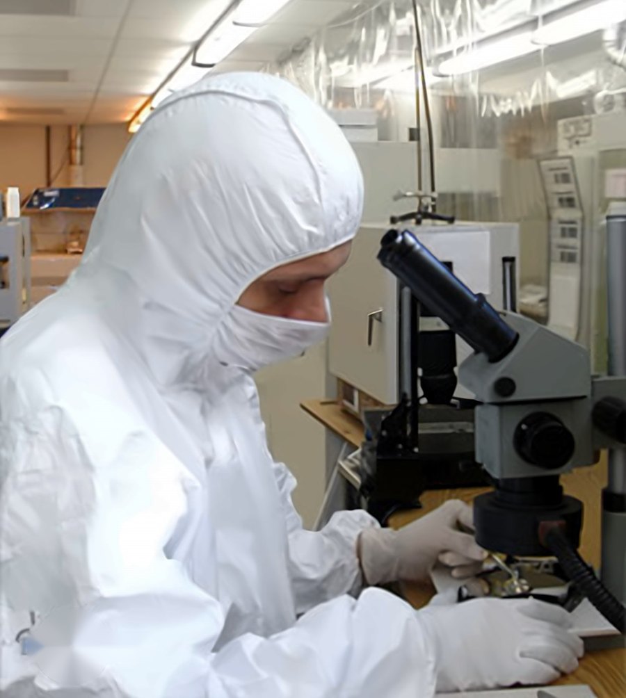 Ingenieur im Reinraumanzug arbeitet am Mikroskop an einer geöffneten Festplatte